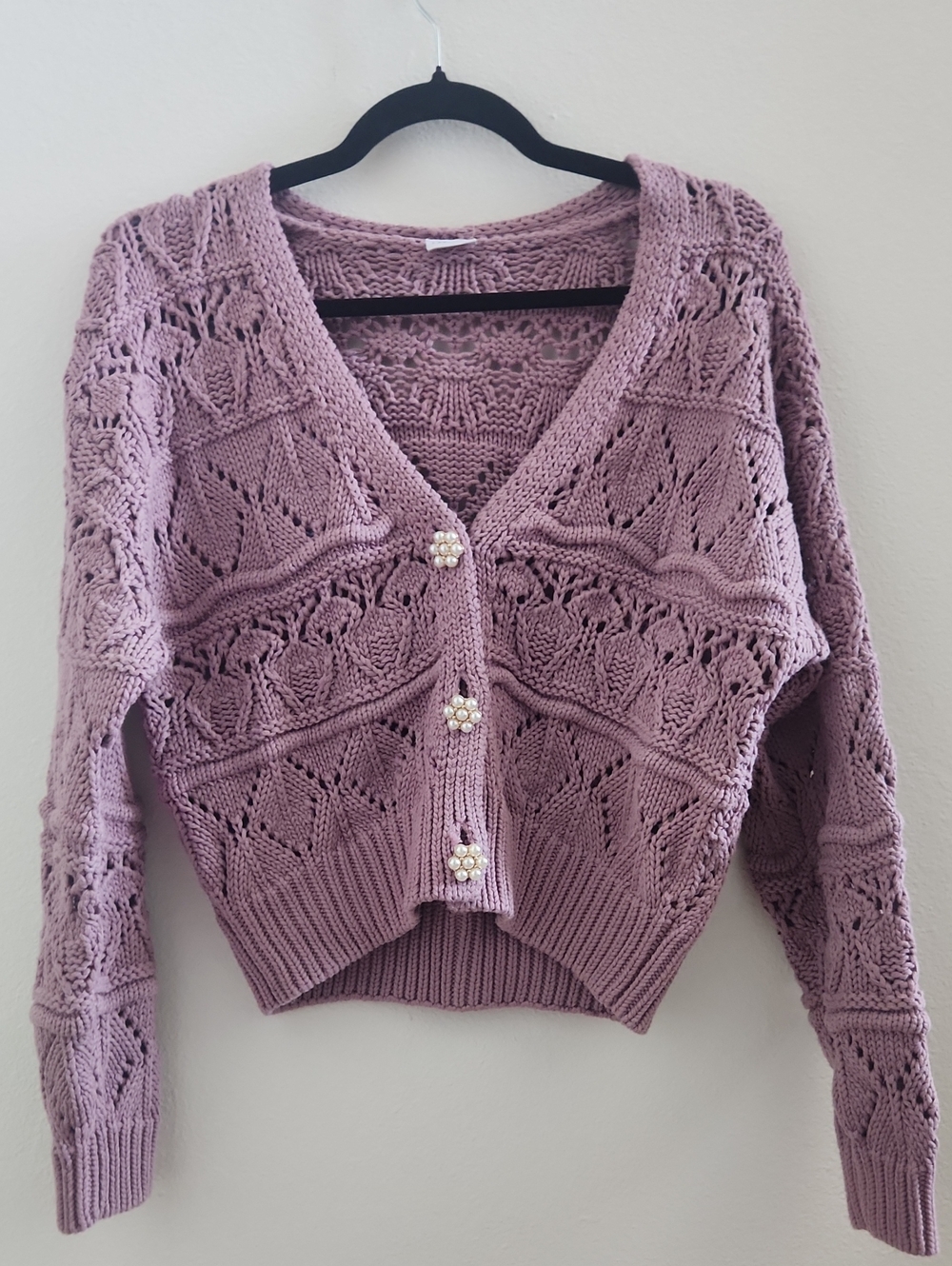 Lascana Lilac Cropped Lace-Knit V-Neck Cardigan